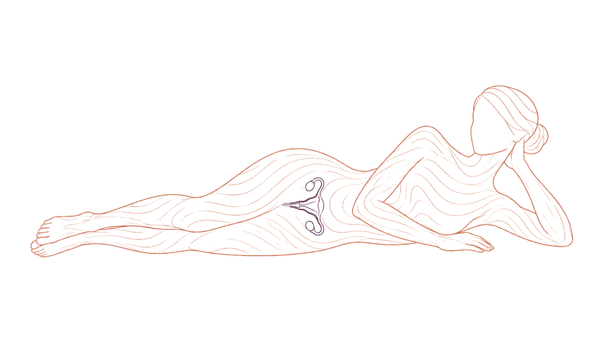 Ilustração de contorno de uma figura feminina reclinada, com o corpo desenhado em linhas topográficas e o sistema reprodutivo em destaque na região do baixo-ventre